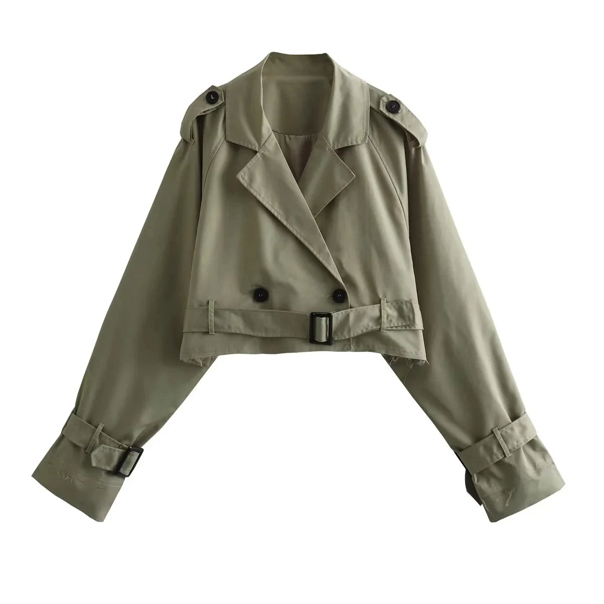 TRAF 2023 Autumn Y2K Women Jacket Short Trench Coat With Belt Raw Edge Long Sleeve Buttons Fitted Female Crop Top