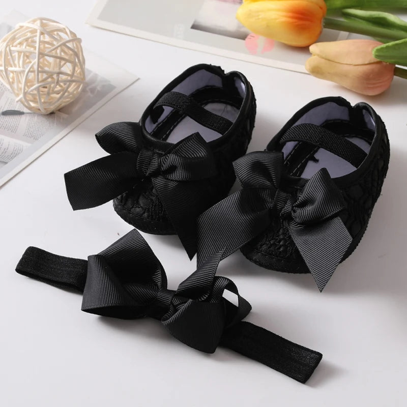 Infant Baby Girl Satin Bowknot Princess Shoes + Headband Set Soft Sole Shoes Lovely Princess Lace Non Slip Walker 0-18M