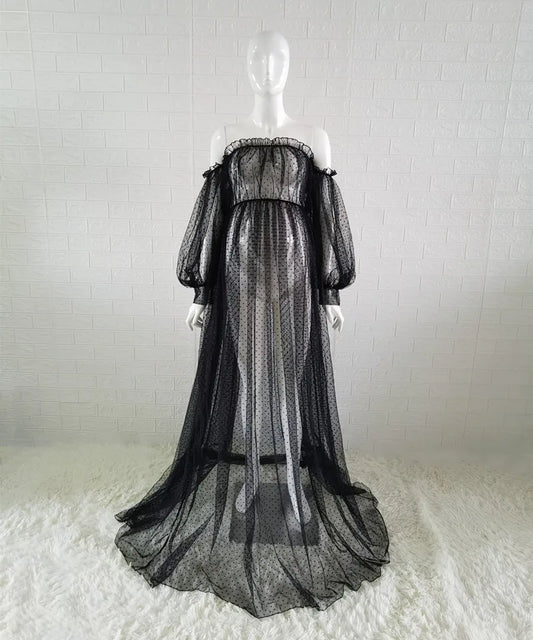 White Dot Tulle Maternity Photography Props Dress See Through Maternity Photo Shoot Tulle Long Dress Lantern Sleeve