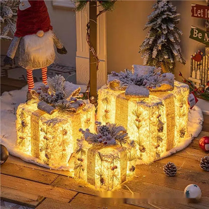 3/4pcs Set Hollowed Out Christmas Decoration Led Gift Box with Bow Lights Iron Box Art Home Outdoor Mall Gift Home Party Supplie