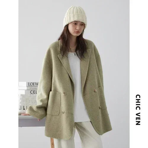 CHIC VEN Women's Woolen Coats Loose Casual Double Breasted Retro Double-sided Jacket Office Lady Outerwear Autumn Winter 2023