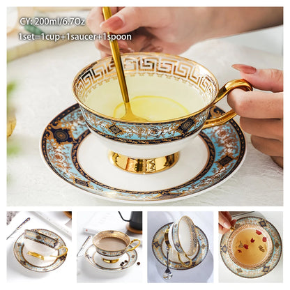 Europe Bone China Coffee Cup Saucer Spoon Set 200ml Luxury Ceramic Mug Top-grade Porcelain Tea Cup Cafe Teaware Party Drinkware