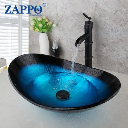 ZAPPO Tempered Glass Bathroom Vessel Sink with Waterfall Black Faucet Tap Bathroom Oval Blue Vessel Sinks Above Counter Basin