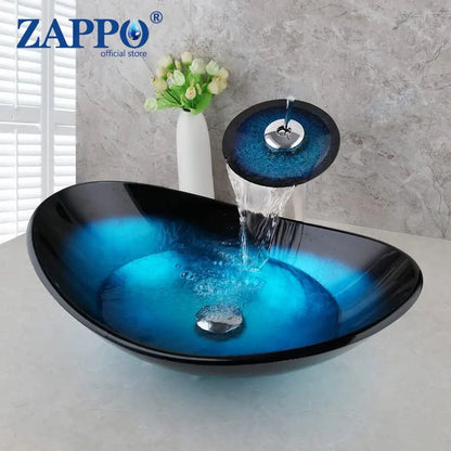 ZAPPO Tempered Glass Bathroom Vessel Sink with Waterfall Black Faucet Tap Bathroom Oval Blue Vessel Sinks Above Counter Basin