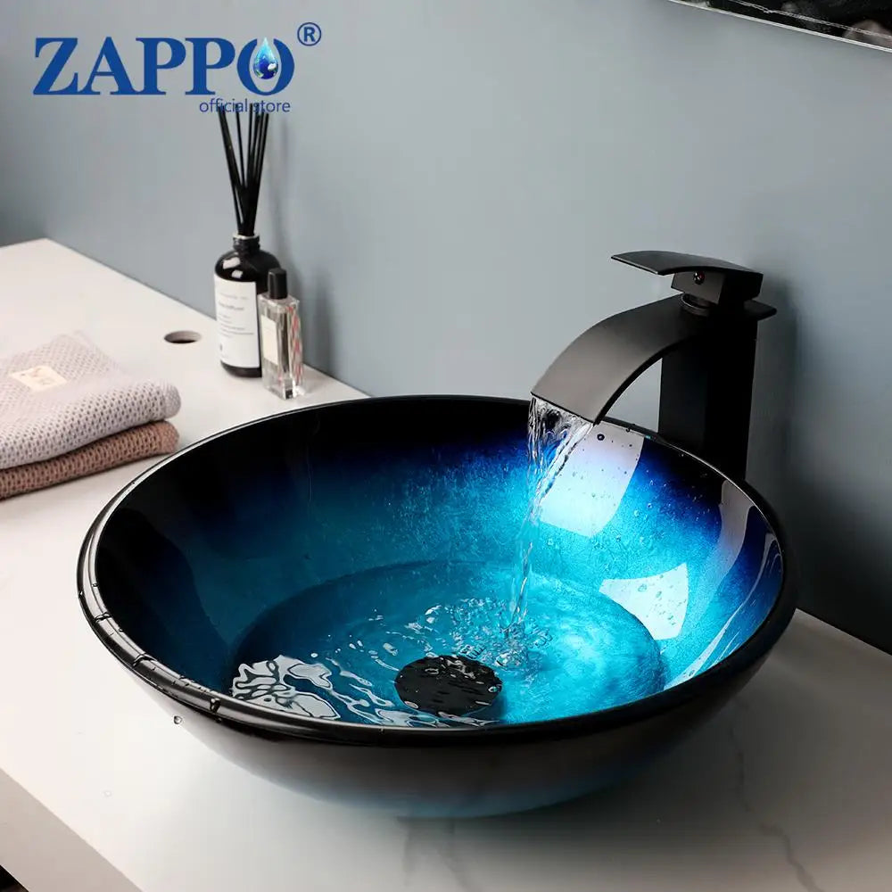 ZAPPO Tempered Glass Bathroom Vessel Sink with Waterfall Black Faucet Tap Bathroom Oval Blue Vessel Sinks Above Counter Basin