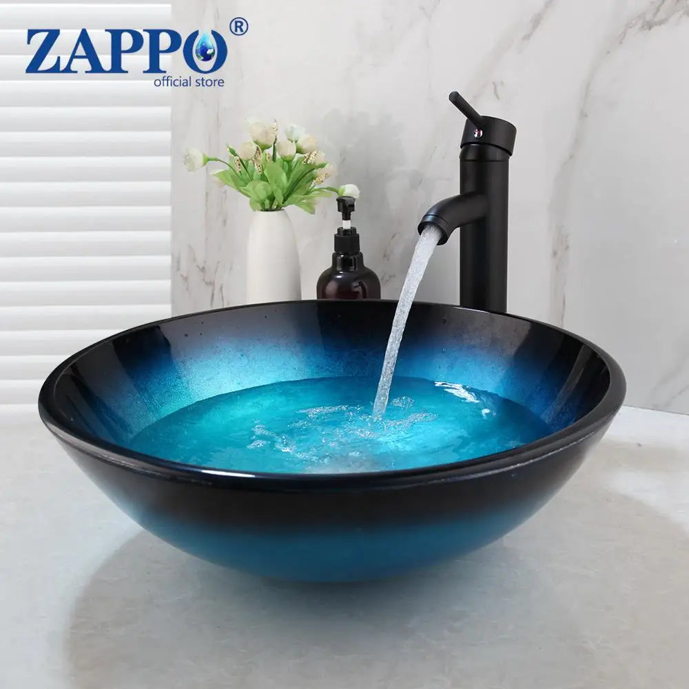 ZAPPO Tempered Glass Bathroom Vessel Sink with Waterfall Black Faucet Tap Bathroom Oval Blue Vessel Sinks Above Counter Basin