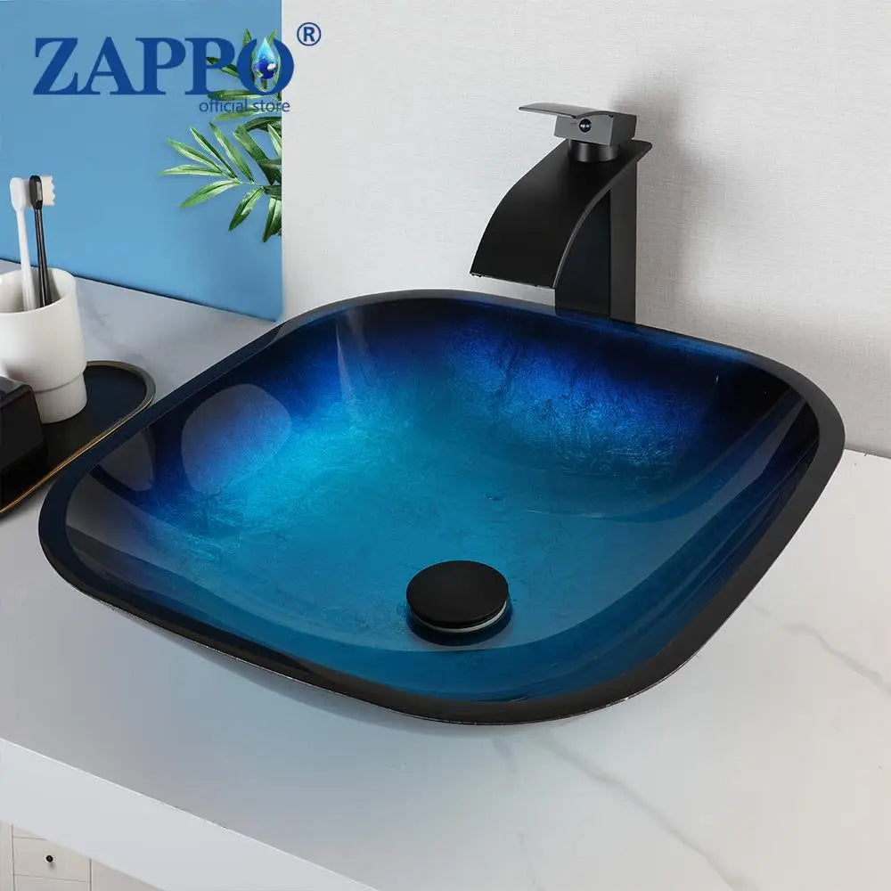 ZAPPO Tempered Glass Bathroom Vessel Sink with Waterfall Black Faucet Tap Bathroom Oval Blue Vessel Sinks Above Counter Basin