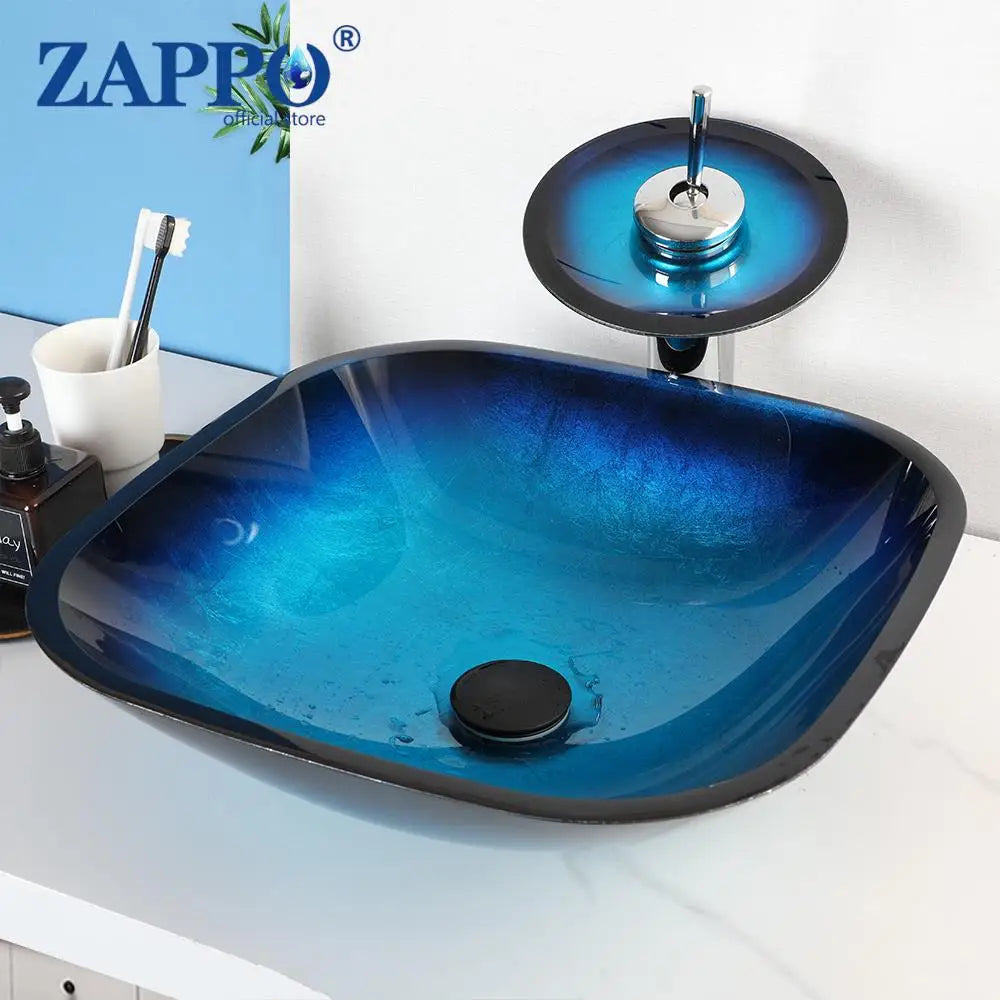 ZAPPO Tempered Glass Bathroom Vessel Sink with Waterfall Black Faucet Tap Bathroom Oval Blue Vessel Sinks Above Counter Basin