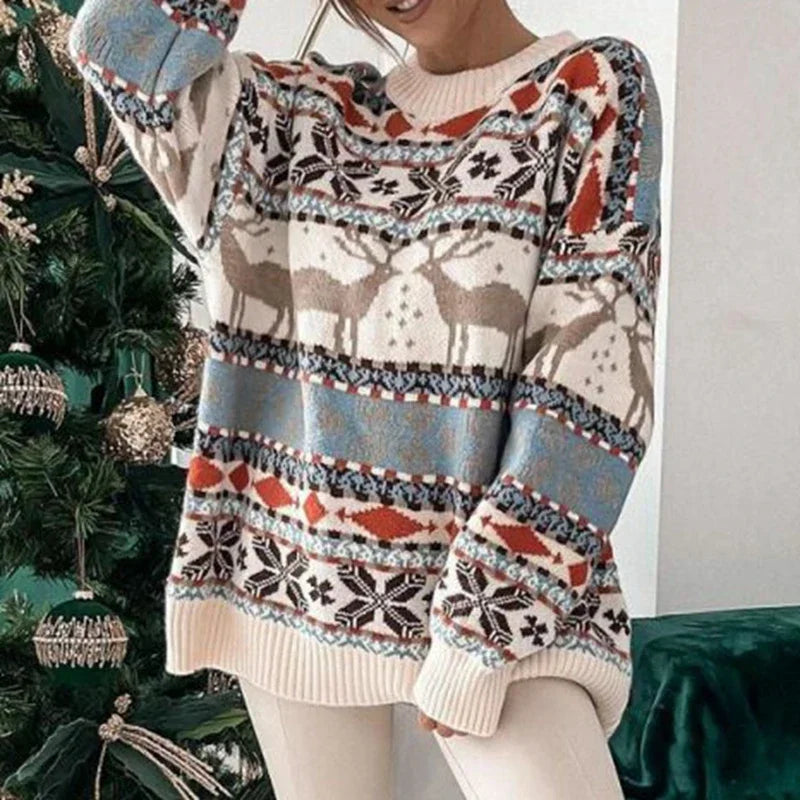 2024 Winter Christmas Sweaters for Women Jacquard Print Warm Soft Knitwear Full Sleeve Casual Loose Jumpers Xmas Look Pull Femme