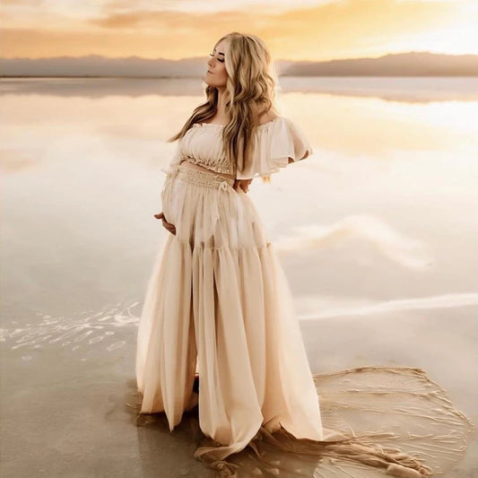 Maternity Dress For Photoshoot Pregnancy Off Shoulder Ruffled Semi Transparent Chiffon Long Dress Photography Dress For Women