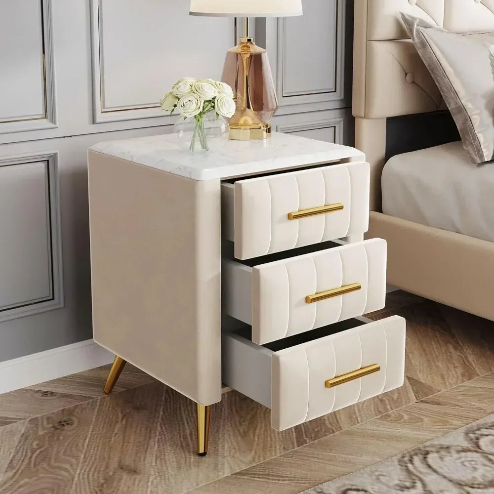 Nightstand with Drawers Set, Upholstered Wood Bedside End Table with Marbling Top, Nightstand