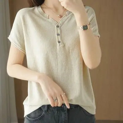 Summer 100% Cotton T-shirt Women Clothing Korean Style V-neck Short Sleeve T-shirts Woman Solid Casual Basic Shirt Lady Tops