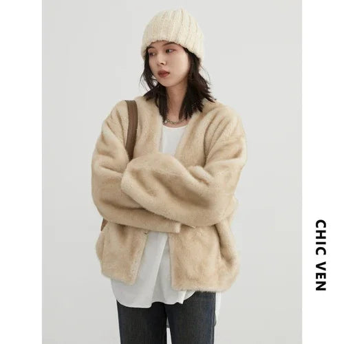 CHIC VEN Women's Jacket Loose Casual Solid Overcoat New Female Plush Coat V-neck Woman Outerwear Autumn Winter 2023