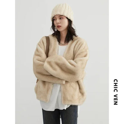 CHIC VEN Women's Jacket Loose Casual Solid Overcoat New Female Plush Coat V-neck Woman Outerwear Autumn Winter 2023