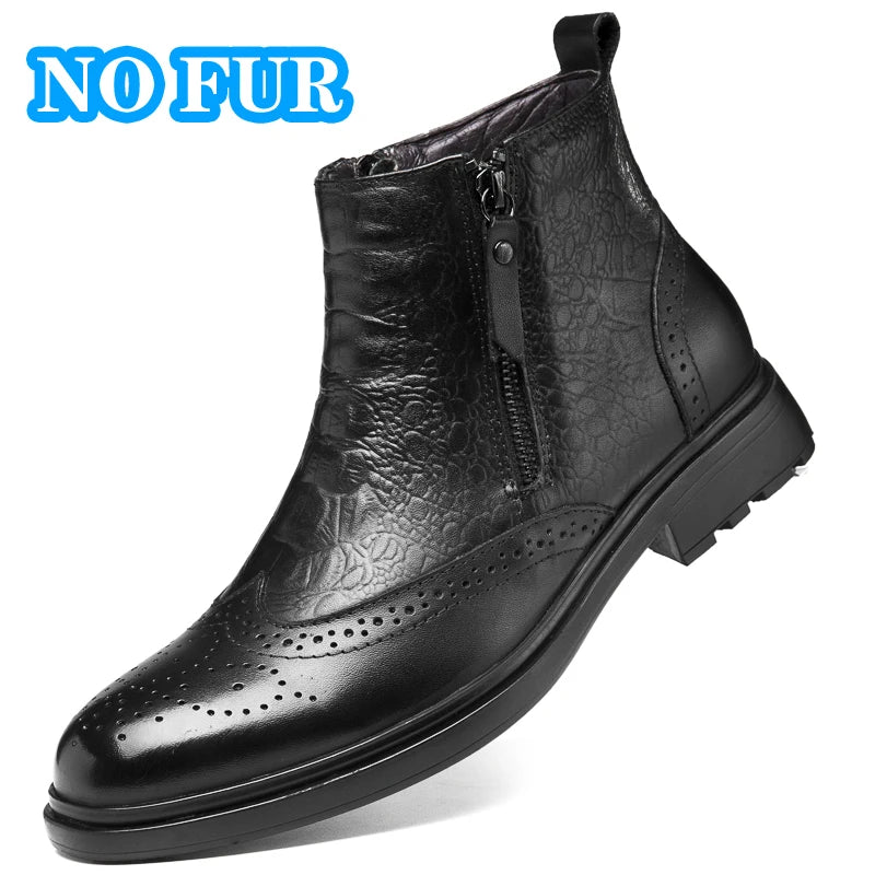 High Quality Genuine Leather Men Chelsea Boots Luxury Brand Brogue Shoes Fashion Casual Warm Plush Ankle Boots Snow Basic Boots