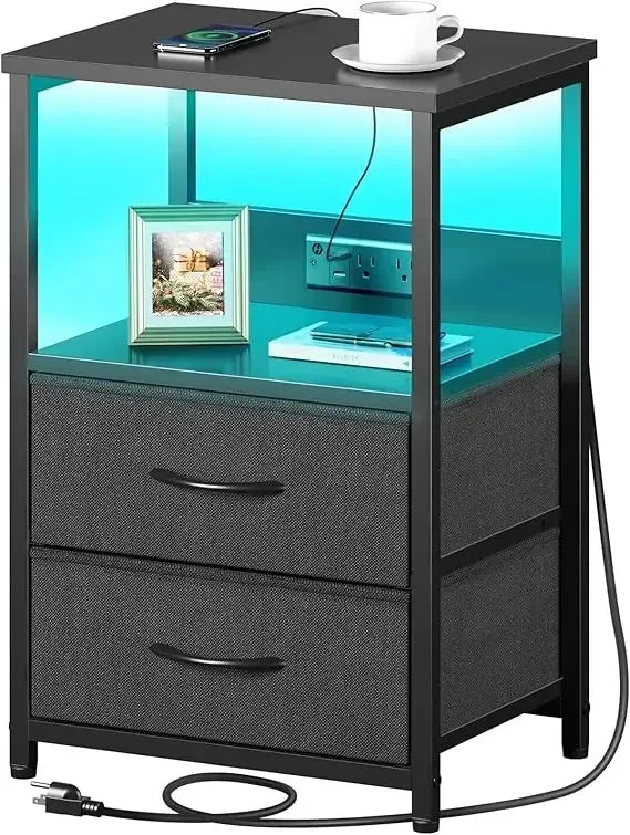 Nightstand with Charging Station, Bedside table with LED Lights, Night stand Fabric Drawers, Storage End Table for Bedroom