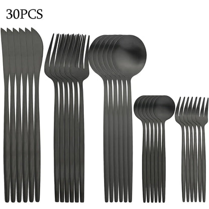 30Pcs Black Gold Dinnerware Set Stainless Steel Dinner Knife Fruit Fork Spoon Cutlery Set Kitchen Tableware Silverware Sets