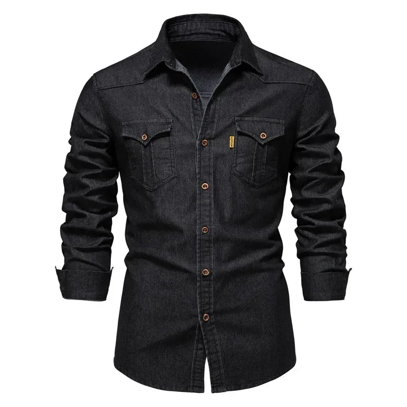 US Size S-5XL Cotton Men's Long-sleeved Washed Denim Shirt Casual All-match Button Solid Color outdoor Shirt Male