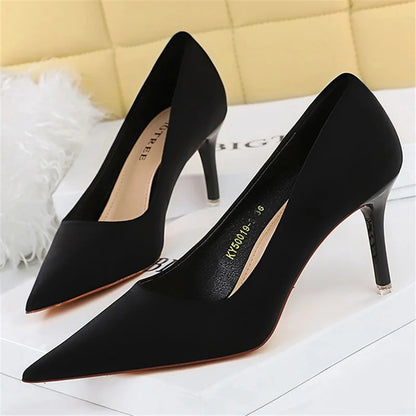 Women 7.5cm 10.5cm High Heels Scarpins Silk Satin Pumps Lady Quality Green Purple Fetish Wedding Bridal Mid Low Heels Prom Shoes