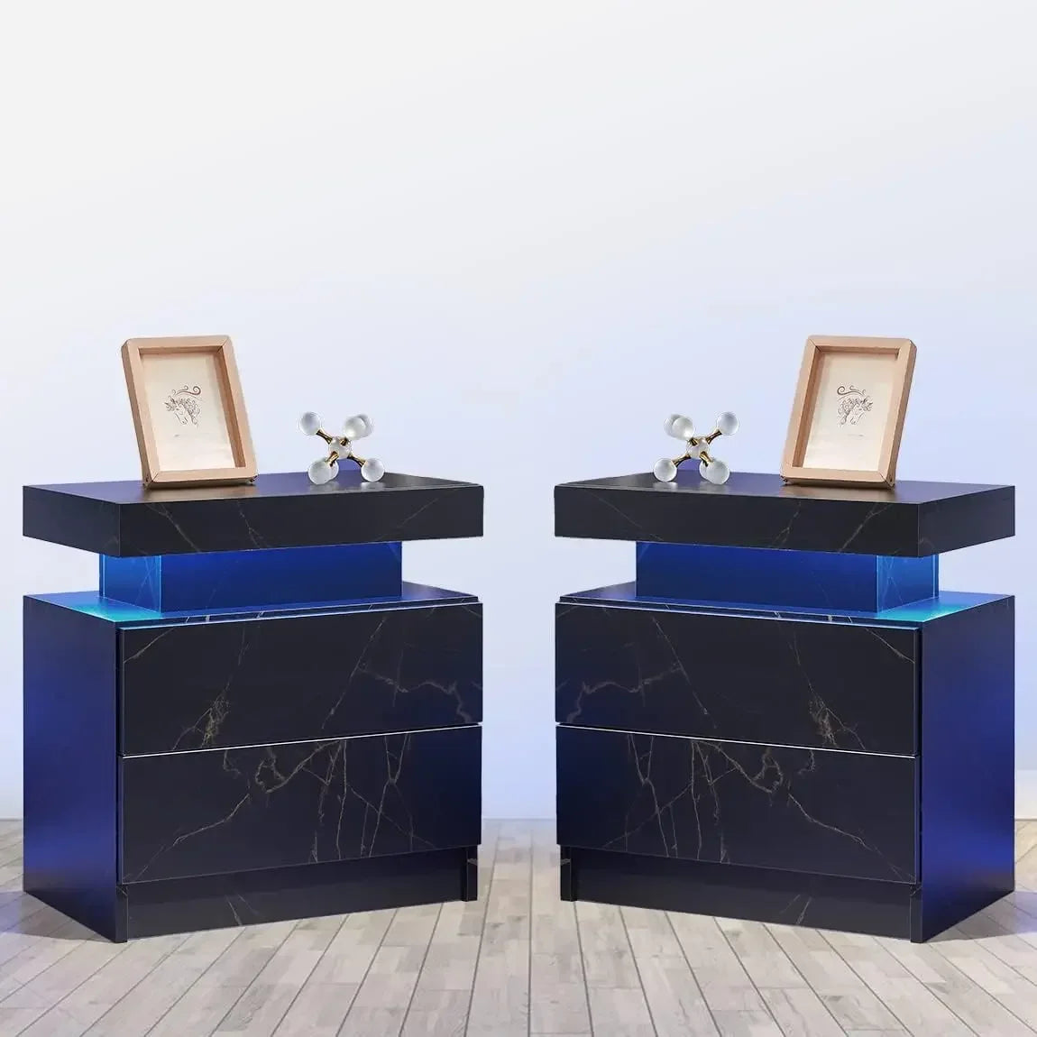 Side Bed Table With LED Light Bedside Tables for the Bedroom Furniture Generic Nightstand Set of 2 LED Nightstand With 2 Drawers