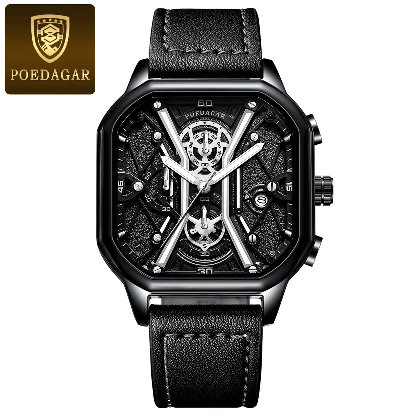 POEDAGAR Fashion Men Wristwatches Luxury Chronograph Luminous Waterproof Date Man Watch Square Dial Leather Quartz Men's Watches