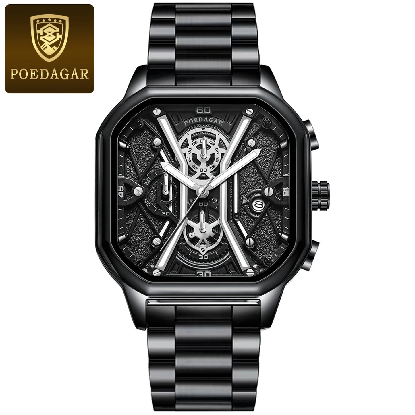 POEDAGAR Fashion Men Wristwatches Luxury Chronograph Luminous Waterproof Date Man Watch Square Dial Leather Quartz Men's Watches