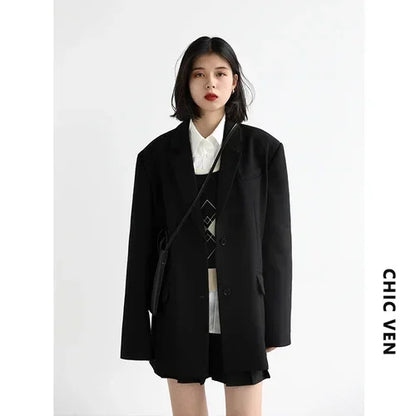 CHICVEN Women Office Lady Blazer Cuff Embroidery Wide Shoulder Twill Suit Women's Autumn Ladies Outerwear Stylish Tops