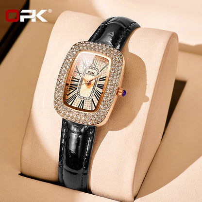 OPK Quartz Women's Watch Premium Business Soft Fashion Leather Strap Elegant Luxury Roman Scale Diamond Dial Women's Watch 8616