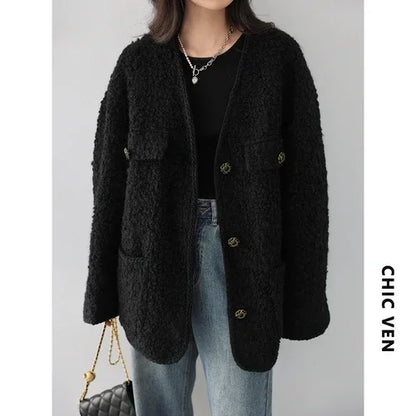 CHIC VEN Women's Woolen Coat Heavy Industry Down Jacket Vintage V-Neck Woman Down Coat Female Tops Autumn Winter 2022