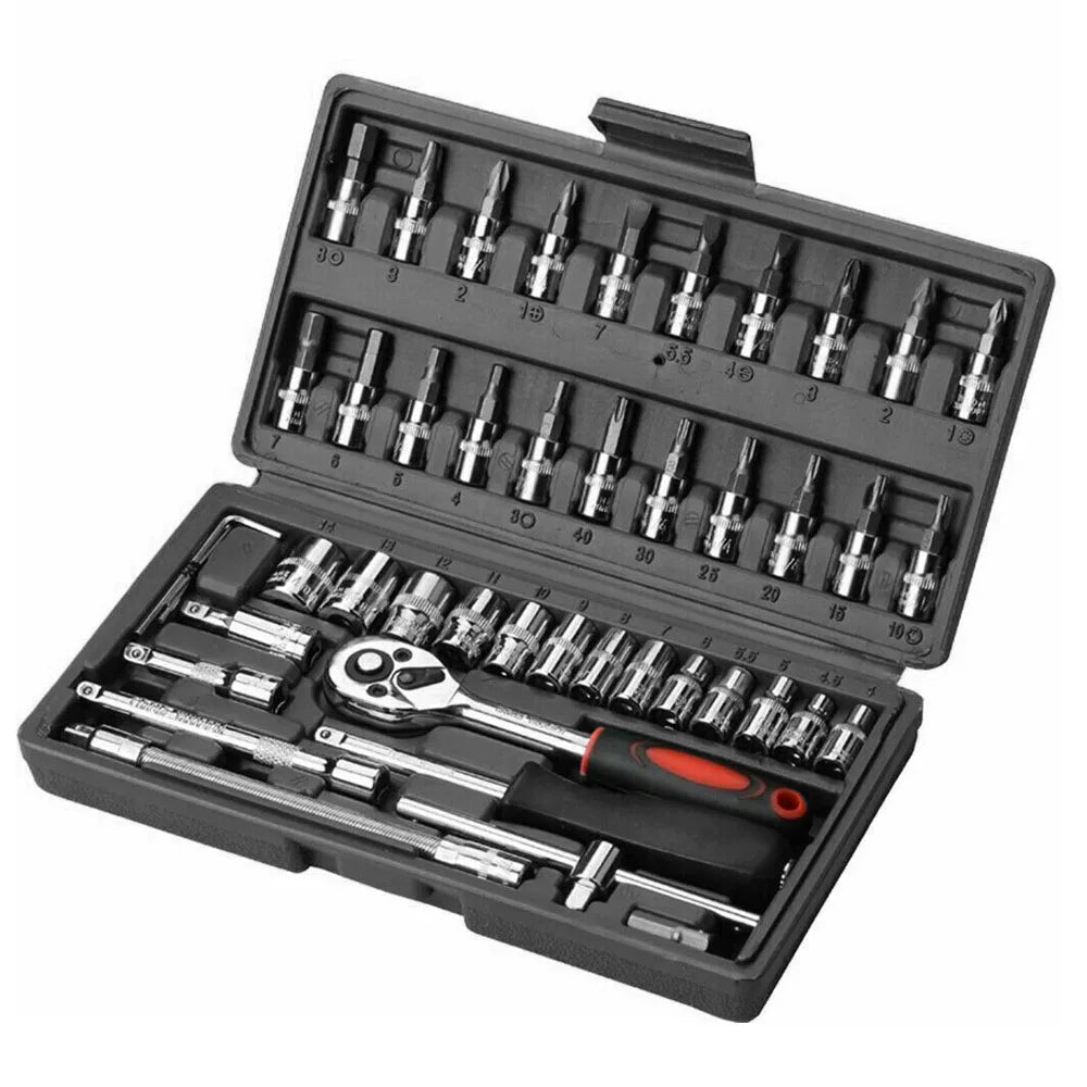 46PCS Socket Set Metric Wrench 1/4" Drive Ratchet Bit Set Wrench Torx Hex Extension Bar Ratchet Repair Hand Tool