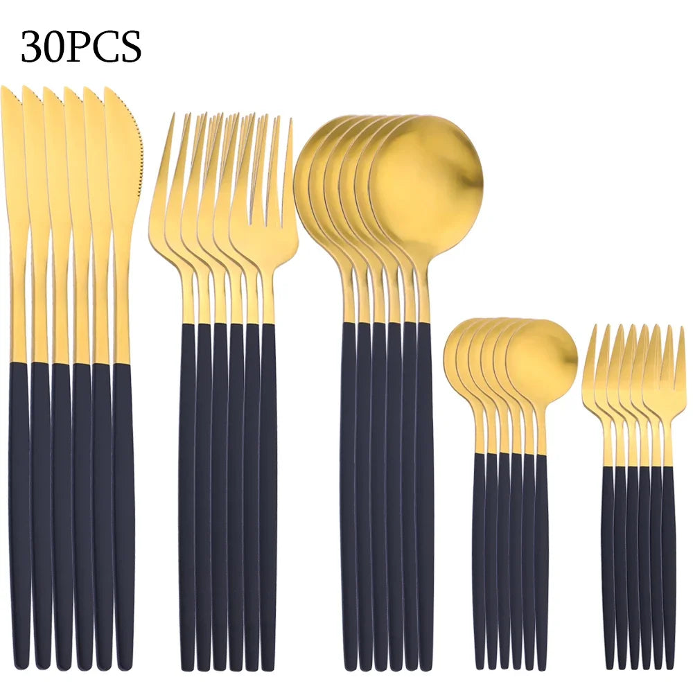 30Pcs Black Gold Dinnerware Set Stainless Steel Dinner Knife Fruit Fork Spoon Cutlery Set Kitchen Tableware Silverware Sets