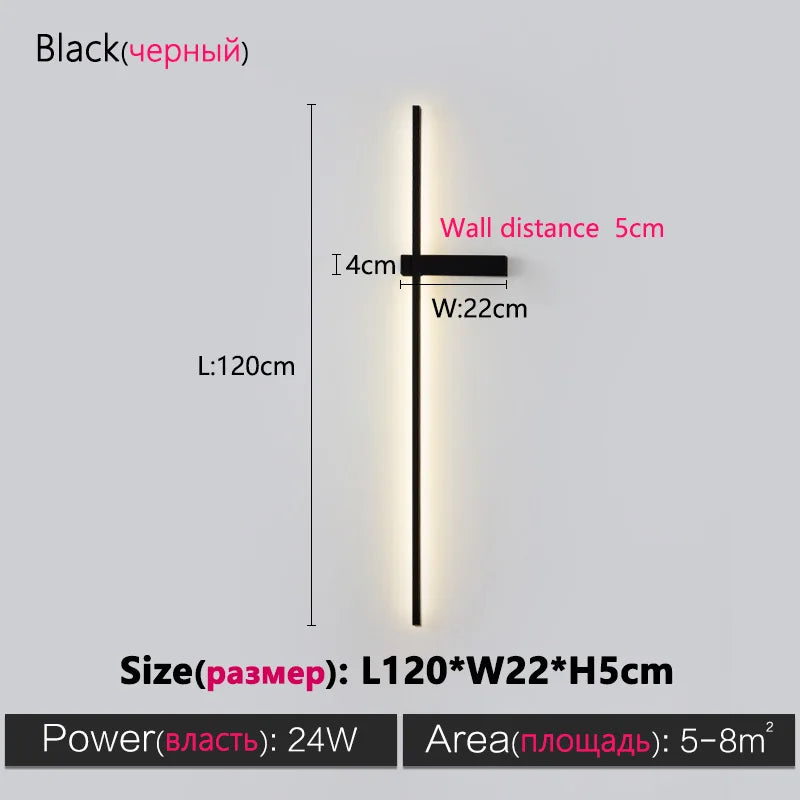 Black long strip wall lamp bedroom bedside lamp modern minimalist wall lamp living room TV background line wall light