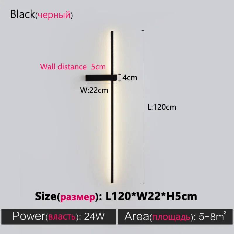 Black long strip wall lamp bedroom bedside lamp modern minimalist wall lamp living room TV background line wall light