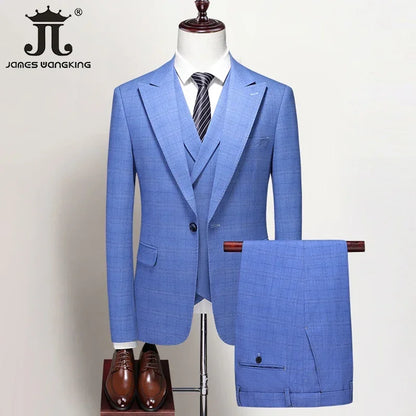 S-5XL ( Blazer + Vest + Pants ) Boutique British Style Mens Suit Plaid Groom Wedding Dress Business Casual Formal Suits 3Pcs Set