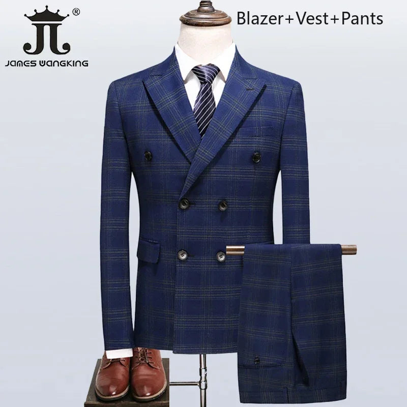 S-5XL ( Blazer + Vest + Pants ) Boutique British Style Mens Suit Plaid Groom Wedding Dress Business Casual Formal Suits 3Pcs Set