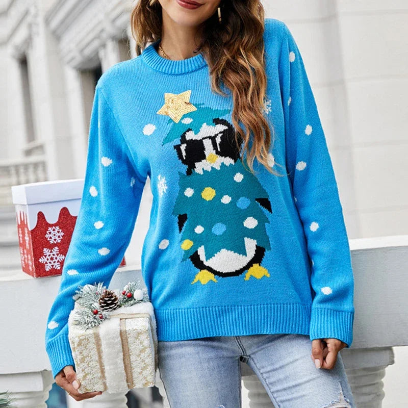 2023 Autumn Winter Women Funny Cute Cartoon Sequins Christmas Party Knitted Sweater Casual O Neck Long Sleeve Loose Tops Jumpers