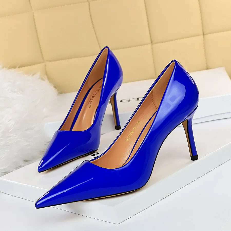 Women 8.5cm High Heels Scarpins Pumps Lady Blue Yellow Silver Glossy Leather Fetish Wedding Bridal Mid Low Heels Party Red Shoes