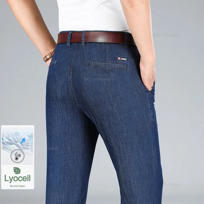 Summer Ultra-thin Men's Lyocell Jeans Classic High-waist Business Straight Drape No-iron Denim Trousers Brand Male Pants