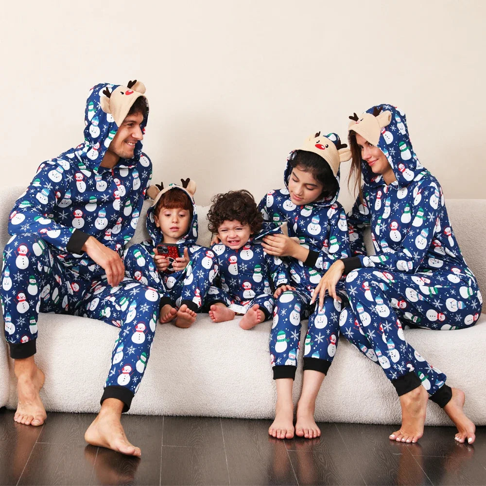 2024 Christmas Family Matching Outfit Cute Deer Ear Hooded Zipper Romper Cute One-Piece Jumpsuit Allover Print Pajamas Xmas Look