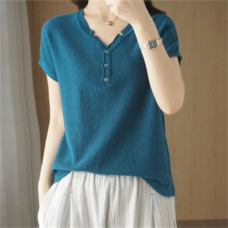 Summer 100% Cotton T-shirt Women Clothing Korean Style V-neck Short Sleeve T-shirts Woman Solid Casual Basic Shirt Lady Tops