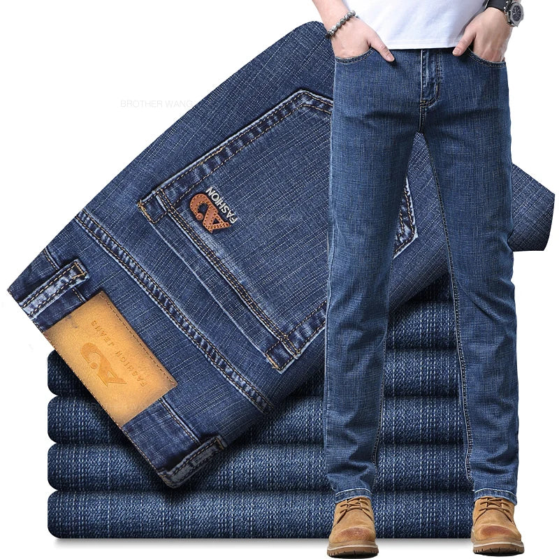 Spring and Summer Thin Men's Light Blue Slim Jeans Stylish Casual Stretch Fabric Denim Pants Classic Trousers Smoke Gray