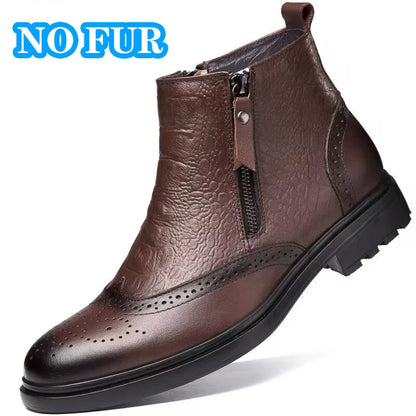 High Quality Genuine Leather Men Chelsea Boots Luxury Brand Brogue Shoes Fashion Casual Warm Plush Ankle Boots Snow Basic Boots