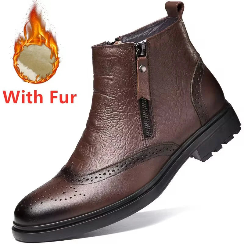 High Quality Genuine Leather Men Chelsea Boots Luxury Brand Brogue Shoes Fashion Casual Warm Plush Ankle Boots Snow Basic Boots