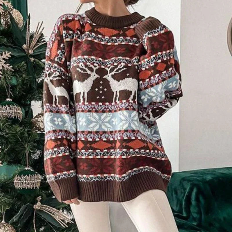 2024 Winter Christmas Sweaters for Women Jacquard Print Warm Soft Knitwear Full Sleeve Casual Loose Jumpers Xmas Look Pull Femme