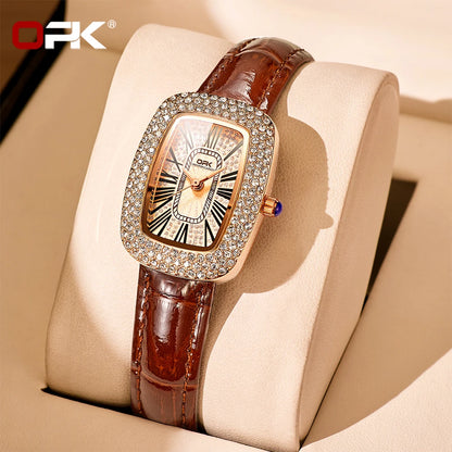 OPK Quartz Women's Watch Premium Business Soft Fashion Leather Strap Elegant Luxury Roman Scale Diamond Dial Women's Watch 8616