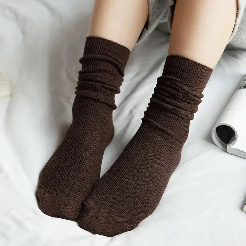 CHAOZHU Japanese Korean High School Girls High Socks Loose Solid Colors Double Needles Knitting Cotton Long Socks For Women