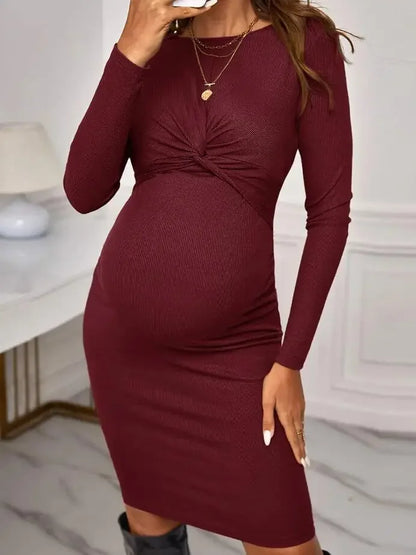 New Hot Sell Round Neck Tight Solid Color Short Maternity Dress Long Sleeve Knitted Maternity Dress