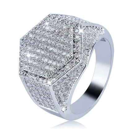 Milangirl Big Hip Hop Rhinestone Men Out Bling Square Ring Pave Setting CZ Wedding Engagement Rings Top Quality