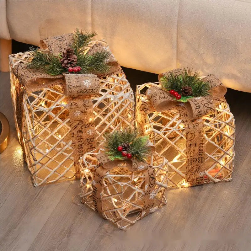 3/4pcs Set Hollowed Out Christmas Decoration Led Gift Box with Bow Lights Iron Box Art Home Outdoor Mall Gift Home Party Supplie