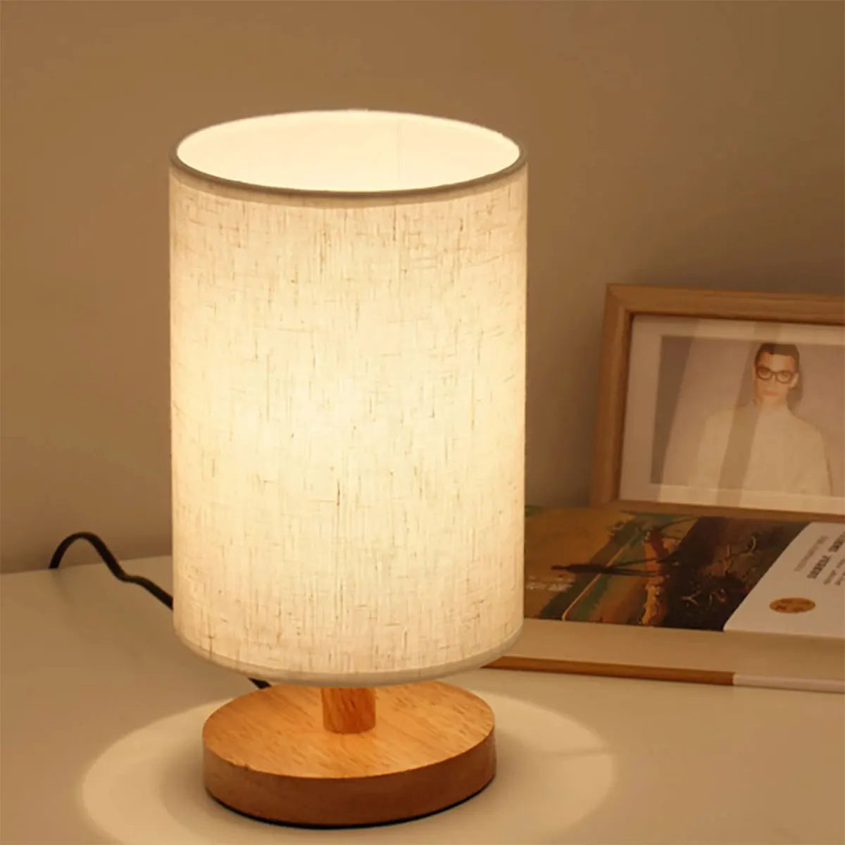 Bedside Lamp Night Lights USB Retro Nightstand Table Lamp Dimmable For Bedroom Wooden Desk Lamp with Fabric Shades Home Decor